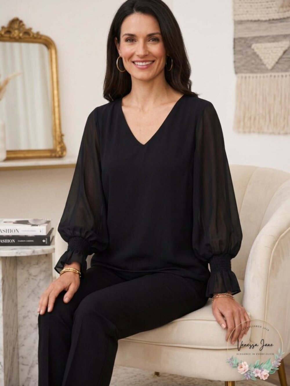 Msk Womens Black Sheer Lined Smocked Cuff Balloon Sleeve V Neck Top, Size Large